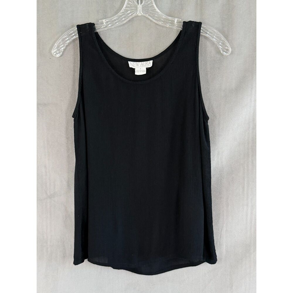 New Aura Black Crinkle Gauze Sleeveless Tank Top Rayon Size P